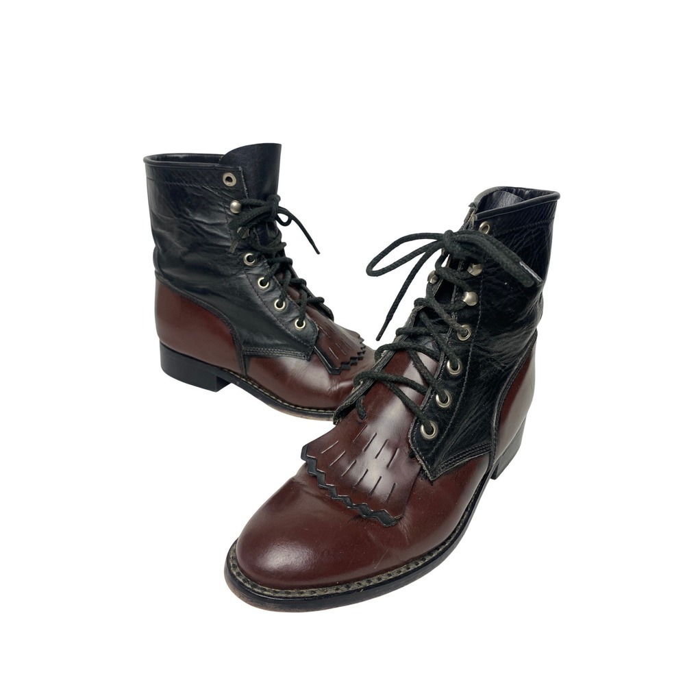 Laredo Two Tone Leather Kiltie Lace Up Boots Burgundy Black Women's US 6/ UK 4